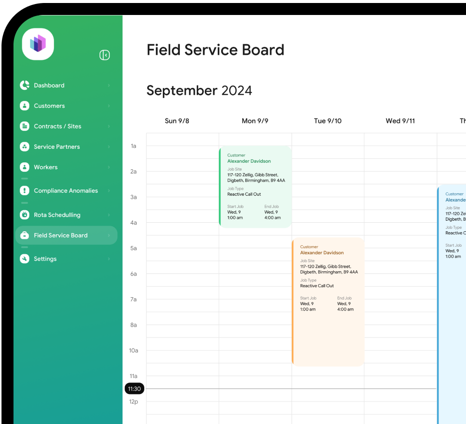 Arez Operate field service board showing weekly scheduling